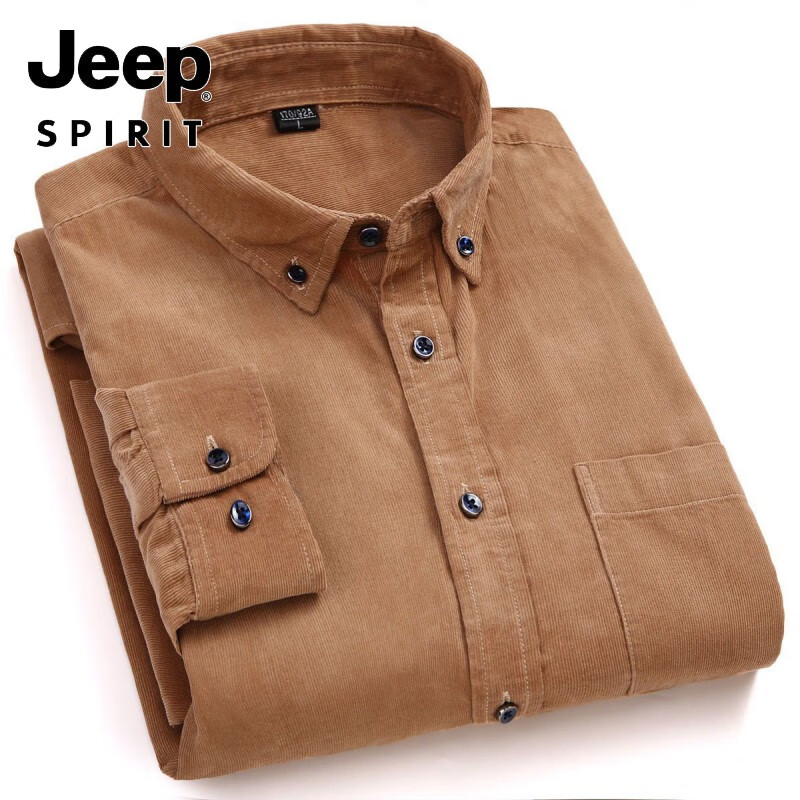 Jeep吉普秋季纯棉灯芯绒衬衫男士长袖休闲全棉衬衣青年中年大码爸爸装 纯棉灯芯绒-纯黑 41码 建议150-155斤