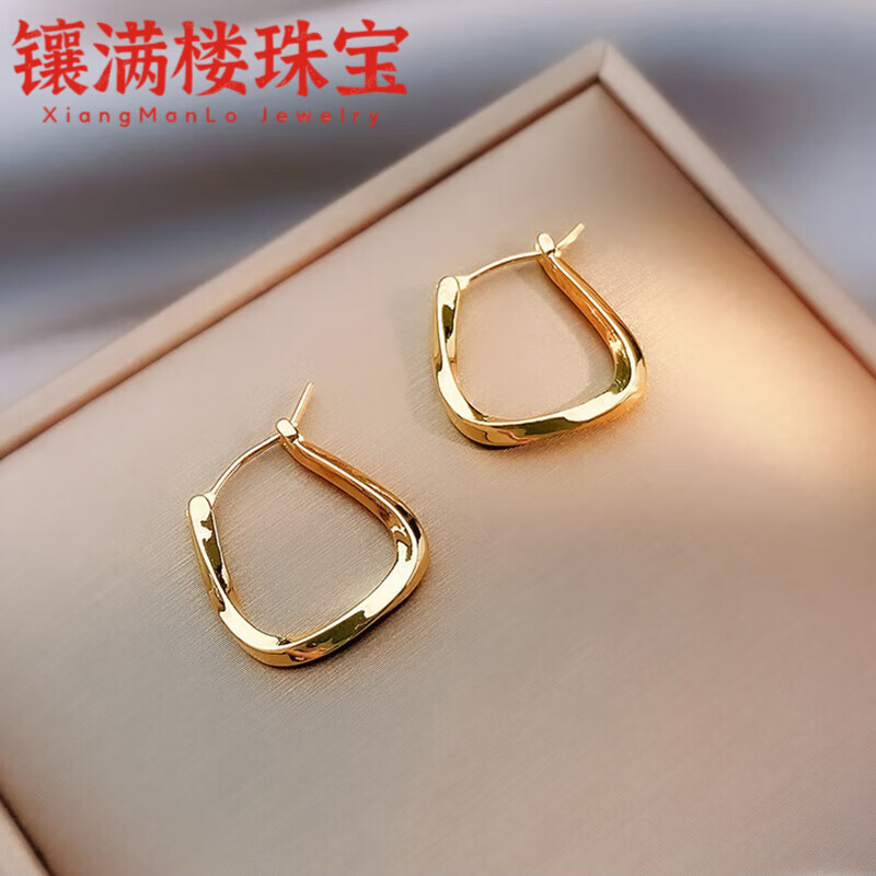 镶满楼不规则18k金耳环18k几何黄色耳扣女2024年新款u型彩素圈 18k金