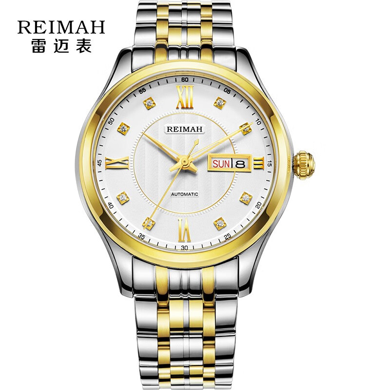 雷迈表（REIMAH） 手表钢带全自动机械星期日历显示功能情侣款男表女表8085 M8085.GW 男款介金色