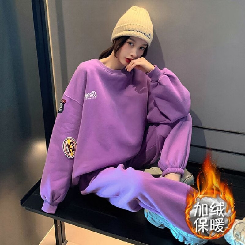 秋冬季加绒加厚卫衣卫裤套装女时尚休闲运动套装学生宽松两件套 紫色