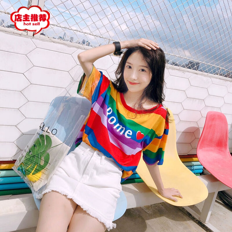 今年流行的火cec短袖女夏2020新款网红上衣韩版学生字母彩虹条纹宽松T恤潮时尚 红色 XL