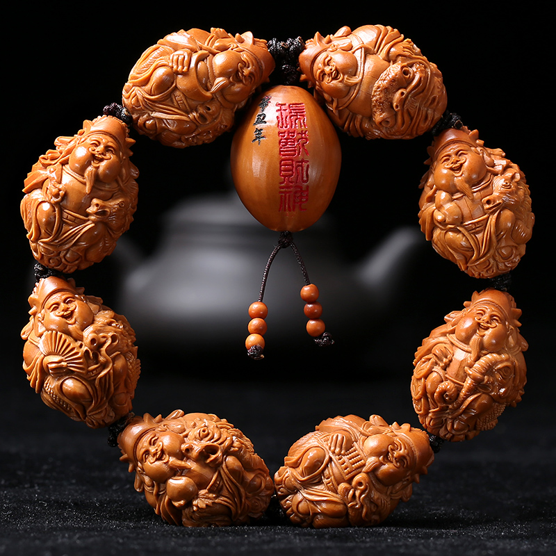 橄榄核手串男苏工八大财神22大籽手工雕刻骑兽财神橄榄胡文玩手链苏勇