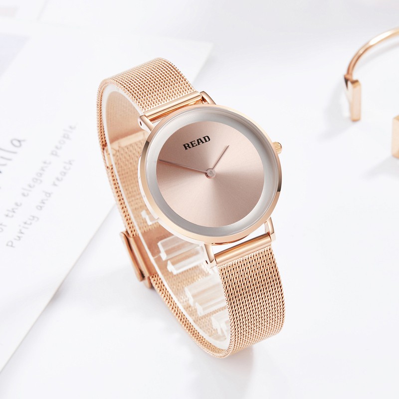 锐力/read手表女时尚米兰网带简约两针石英女士腕表 r6045 玫瑰金