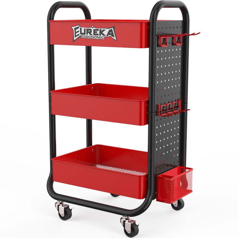 赛途(PSEAT)置物架书架储物收纳架书房卧室客厅宿舍红黑电竞电脑桌台式游戏移动带轮可锁带工具挂板 电竞风带挂板三层铁板储物车【红黑色】