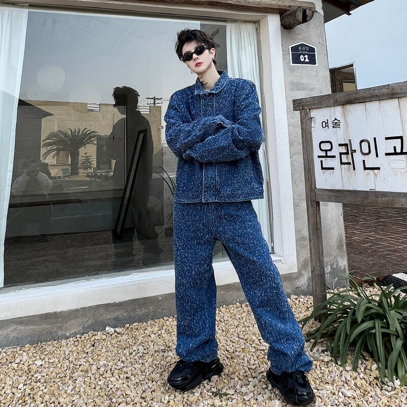 保珍成美(baoxcm)春装潮牌重工拉链牛仔夹克长裤套装男时尚帅气宽松