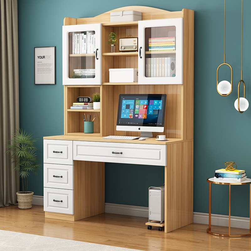 艺狮 实木书桌书柜组合家用台式电脑桌办公桌写字台带书架学习桌 暖