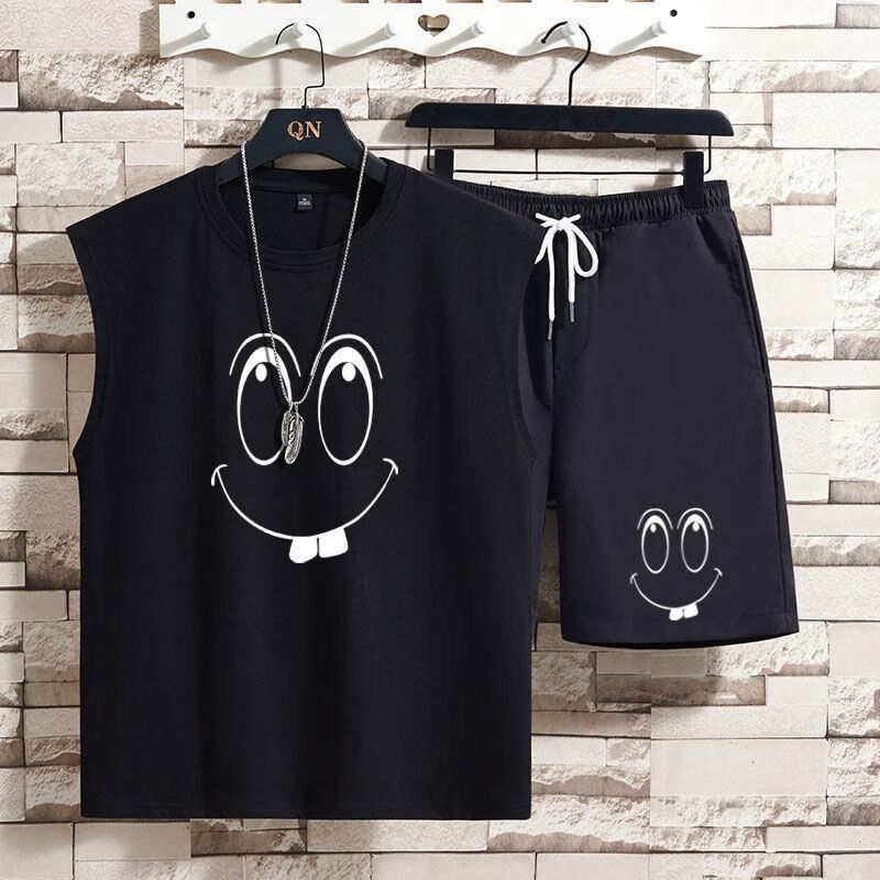 学生短衣短裤套装上衣/套装无袖背心男夏天男 大笑黑色短袖 黑色短裤
