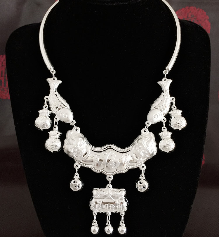 s999银项圈银锁宝宝婴儿百岁周岁项链复古颈圈长命锁 33g聪明伶俐