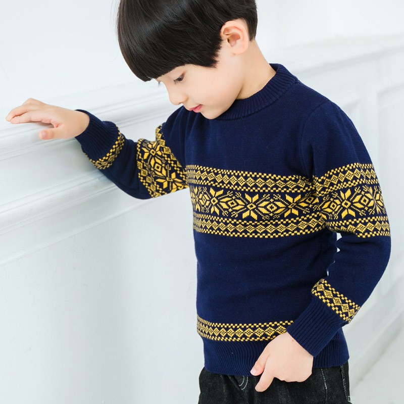 绒中羊童装男童毛衣套头双层加厚纯棉中大童线衣儿童针织衫秋冬款 双层加厚藏青横花 150 建议身高135-145cm 京东折扣/优惠券