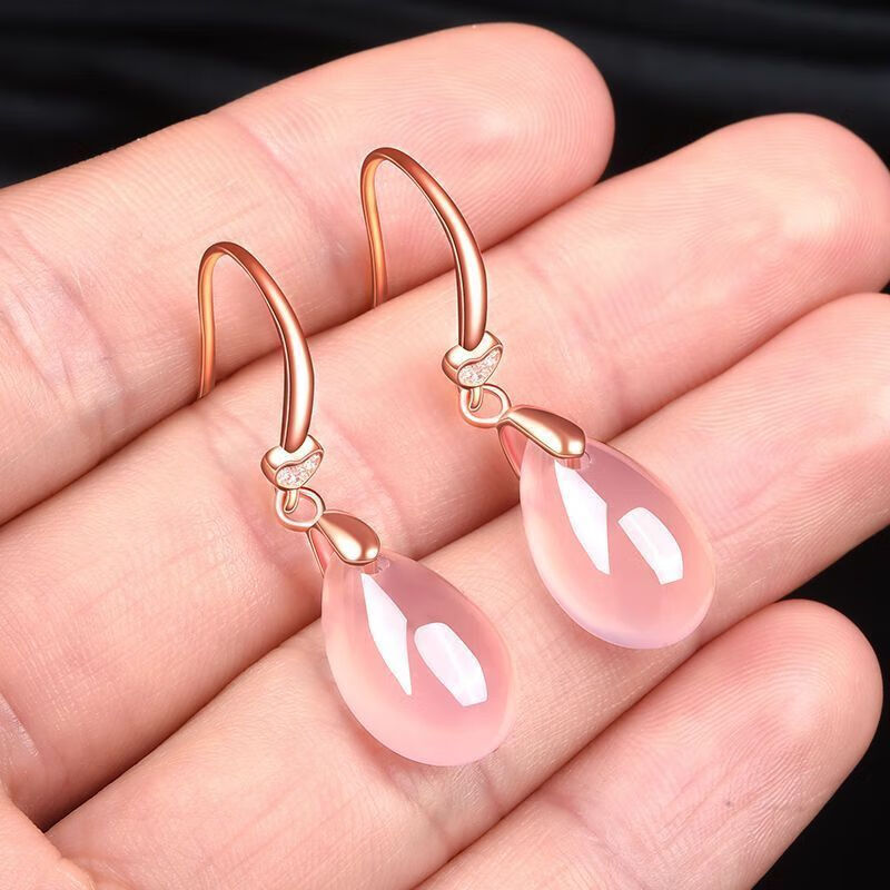 朵度粉水晶少女玉耳坠鎏金镶嵌粉玉髓粉色水滴耳钉耳环耳饰品 l027一