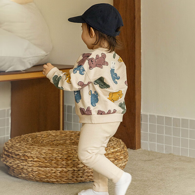 UBMOM韩国进口儿童男女秋季衣服宝宝小熊郁金香长袖长裤套装 米色小熊 110