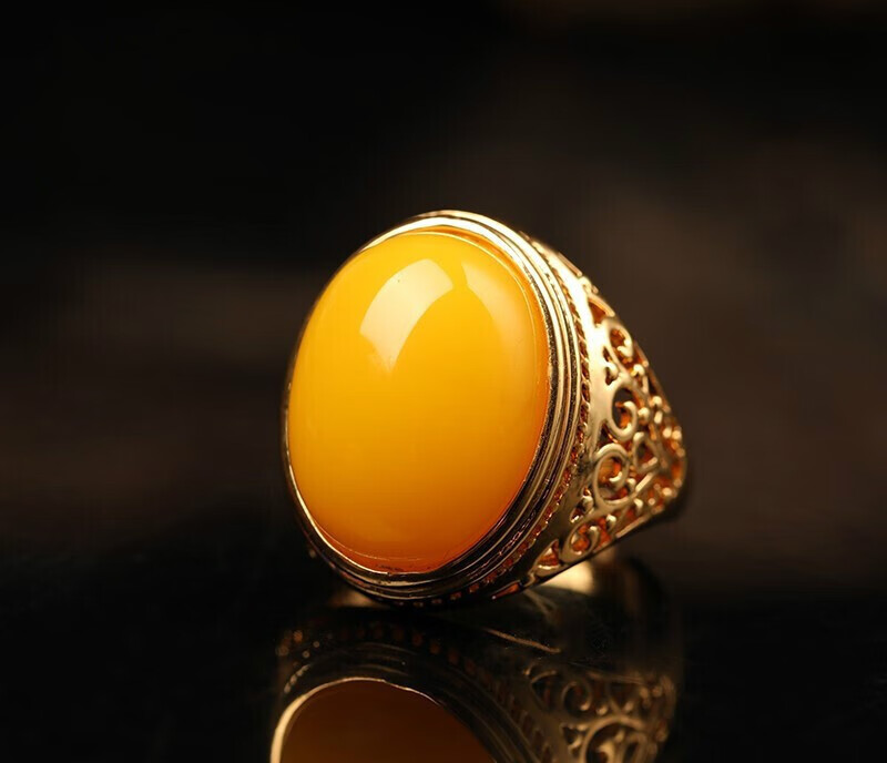 牧思 琥珀鸡油黄 蜜蜡戒指 女中国风 s925银活圈口 原石血珀 指 蜜蜡