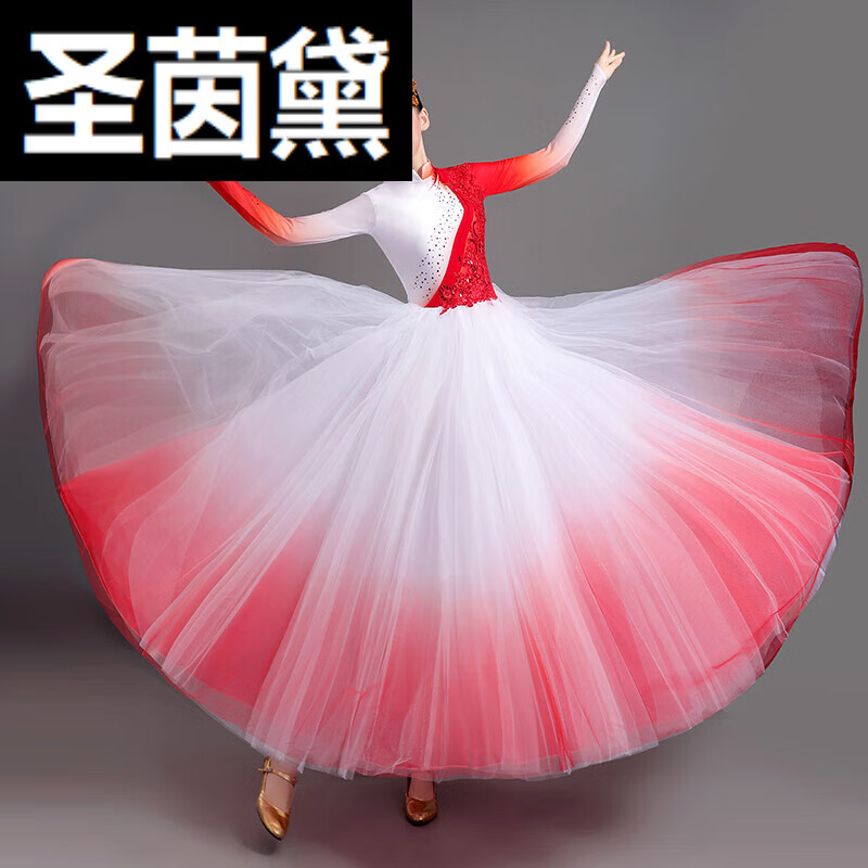 服古典舞蹈服装飘逸灯火里的中国红歌歌伴舞长裙 渐变色540度裙摆 s