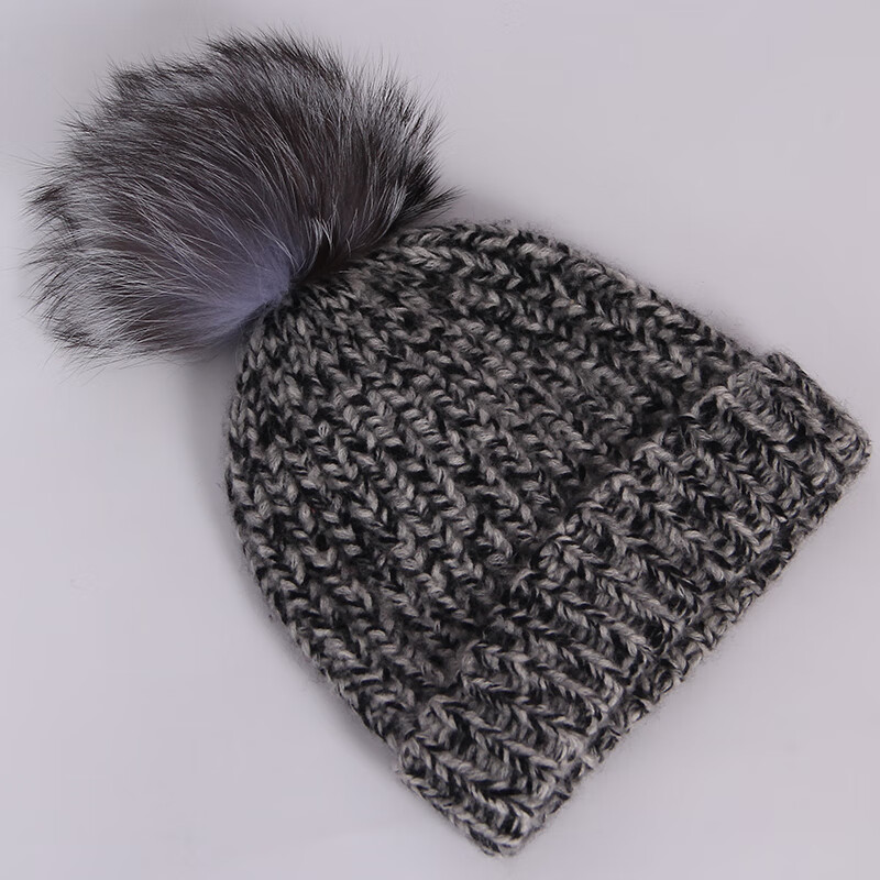 开喜米儿 棒针手编帽高端100%羊绒针织帽子女秋冬季抽条狐狸毛球毛线帽子保暖厚款