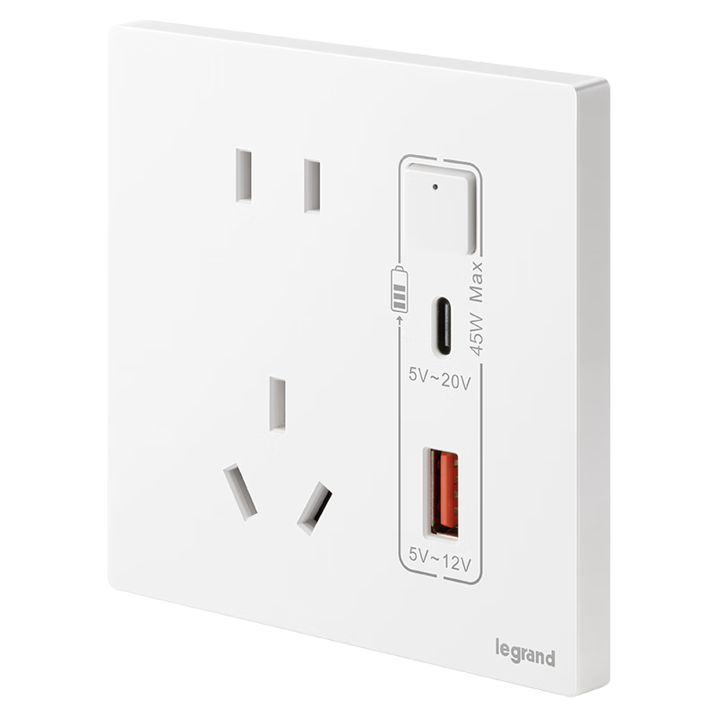 罗格朗（LEGRAND）开关插座面板仕典Plus陶瓷白五孔带双控开关家用空调86型电源插座 五孔带USB+Type-C接口(45W快充)