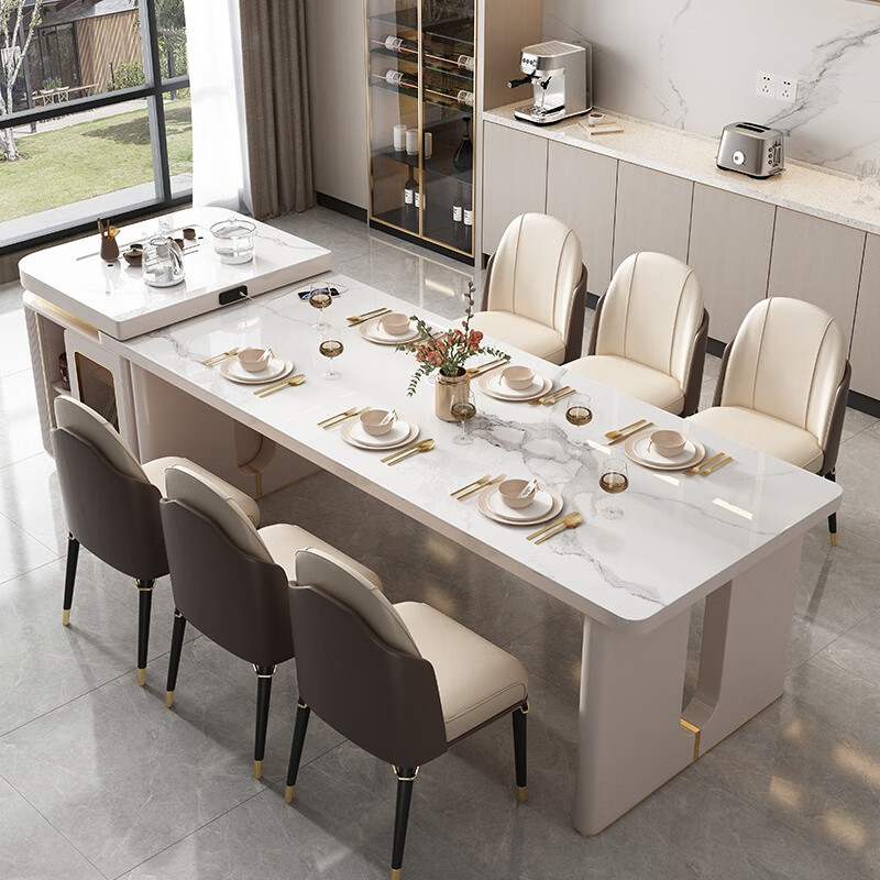 梵屹岛台餐桌一体可伸缩岩板多功能带电磁炉家用轻奢现代简约导台桌椅 2.0米伸缩岛台餐桌