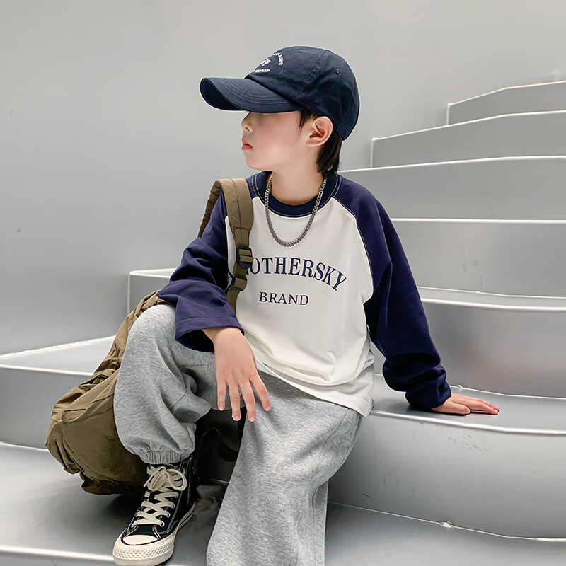 韩版男童拼接长袖t恤2024春季儿童宽松套头衫帅气男宝宝春装上衣 白色