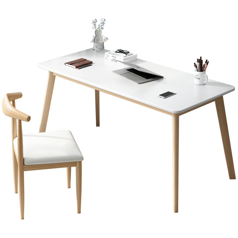 蔓斯菲尔 书桌简约电脑桌学习桌写字台卧室实木腿书桌办公桌椅组合简易小桌子 【升级款】140*60*75cm暖白色