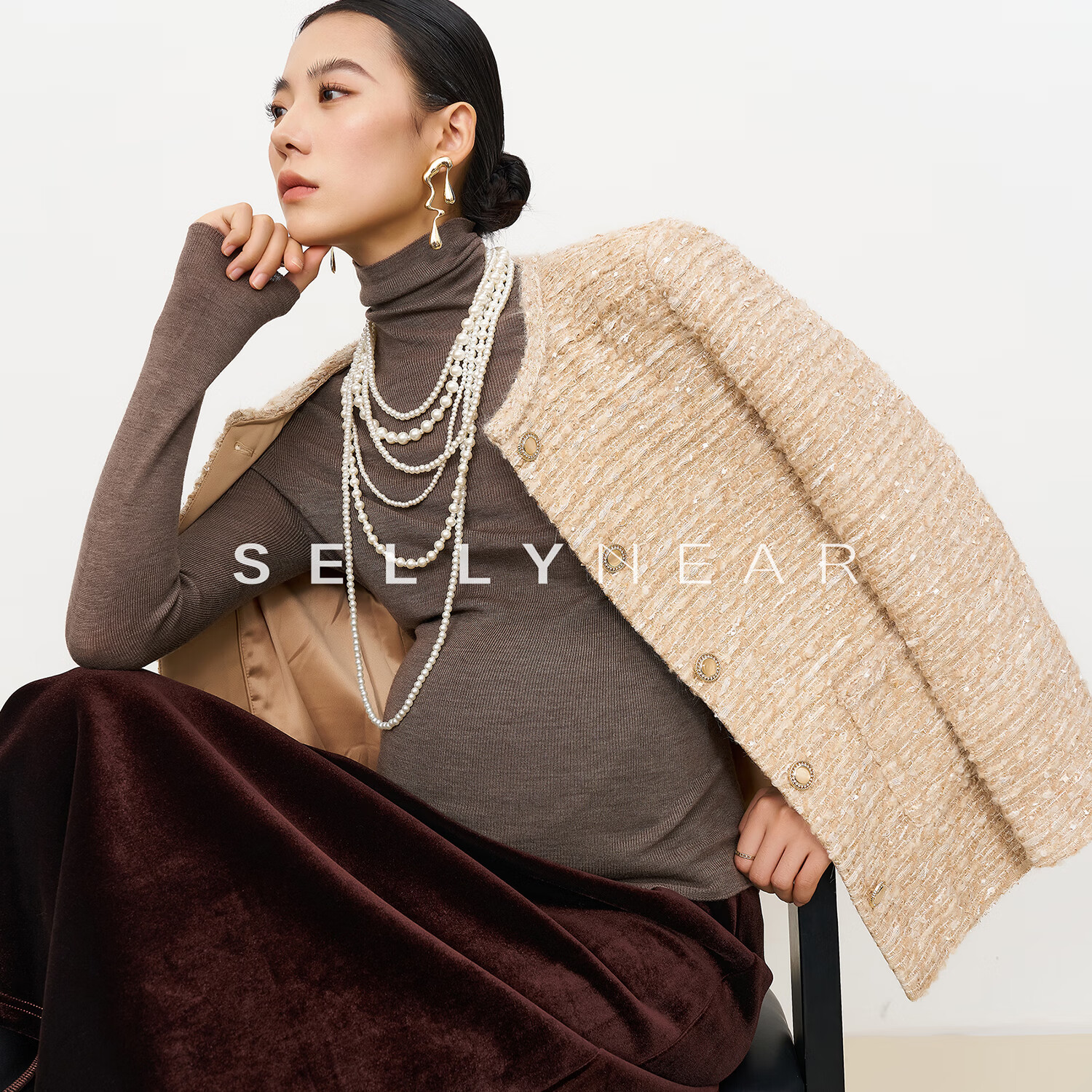 Sellynear孕妇装秋装新款外套时尚琥珀金经典编织小香风外套 琥珀金 S