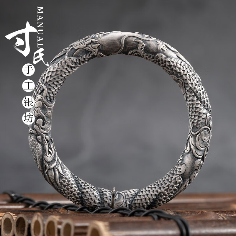 雪银印象生肖银龙手镯云南雪花银手工银饰999足银龙纹银镯子双龙银