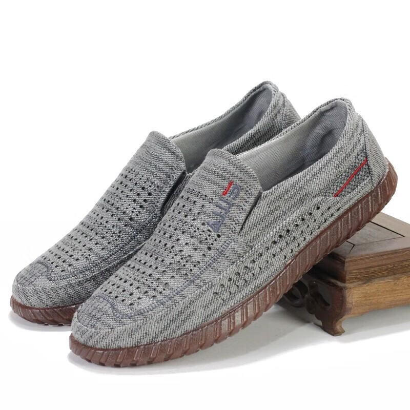 岁中年爸爸穿的透气休闲鞋凉鞋男鞋夏季镂空老北京布鞋 灰色 00男灰夏