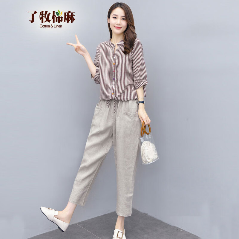 子牧棉麻夏装 女韩版时尚宽松条纹上衣+休闲九分裤两件套套装1877 红色+裤子 M(建议95-115斤)