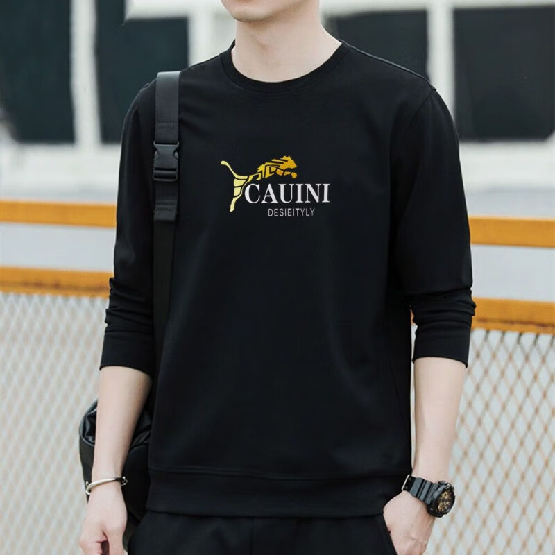 卫衣男加厚长袖修身潮流圆领宽松中青年打底衫百搭上衣 卫衣黑色金豹