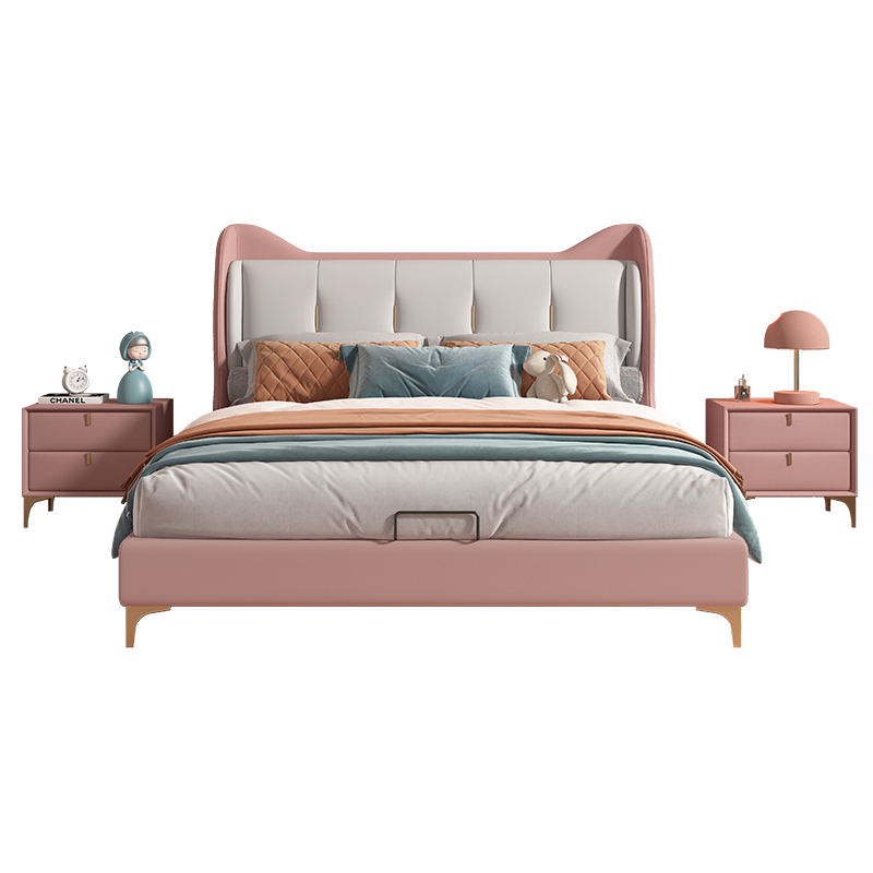 童友 儿童床女孩公主床单层床 美式轻奢真皮床齐边床储物床1.8床粉色软体床1.5米床可爱猫咪单人床 真皮床 1200*1900