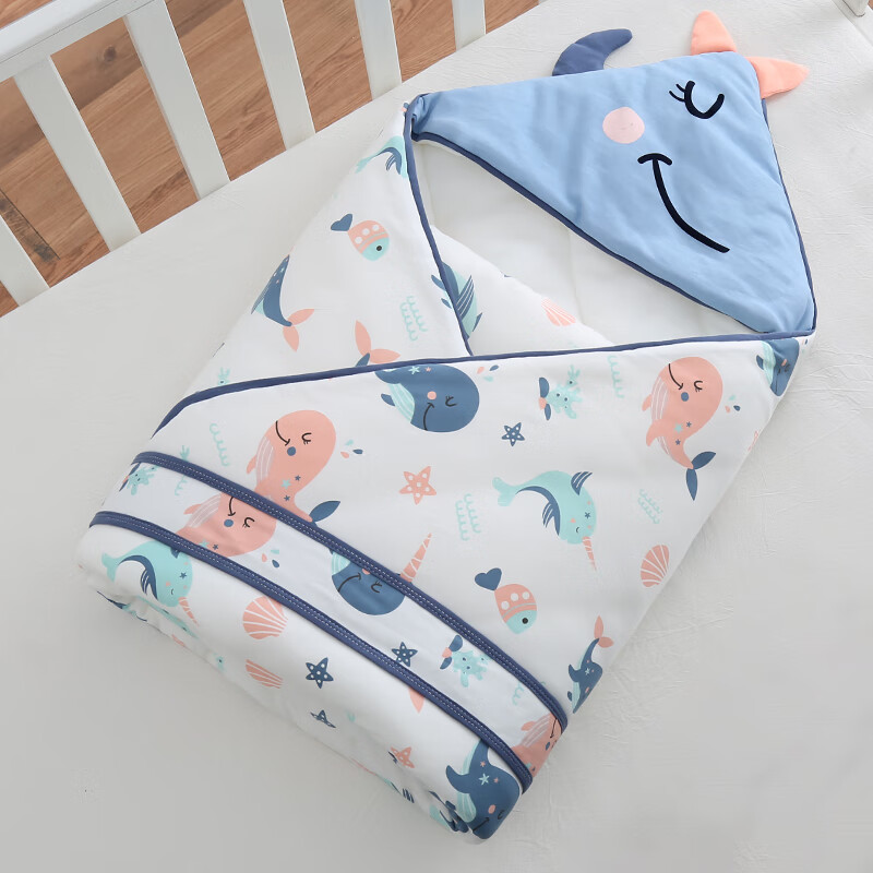 被新生婴儿防惊跳纯棉抱被春秋冬季厚款包 鲸鱼宝宝【春秋夹棉-中厚】