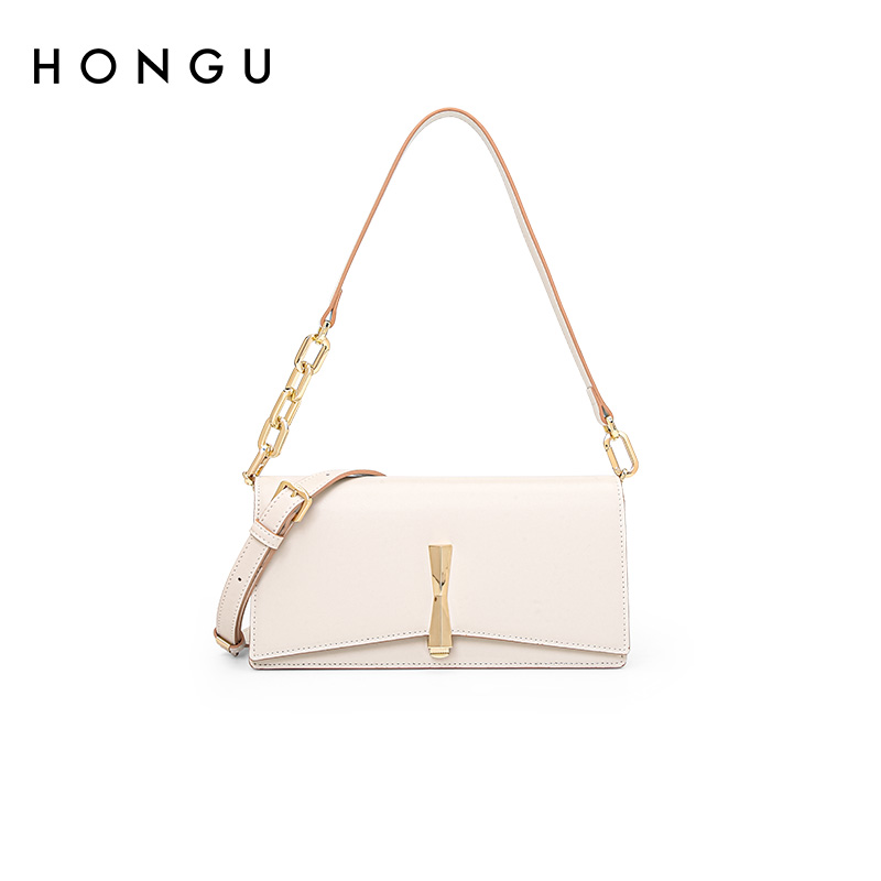 红谷hongu单肩包女法棍包2022新款头层牛皮腋下包气质百搭简约 米白