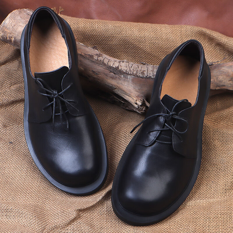 紊婳轩圆头手工纯牛皮男鞋英伦风商务休闲大码皮鞋 黑色 36