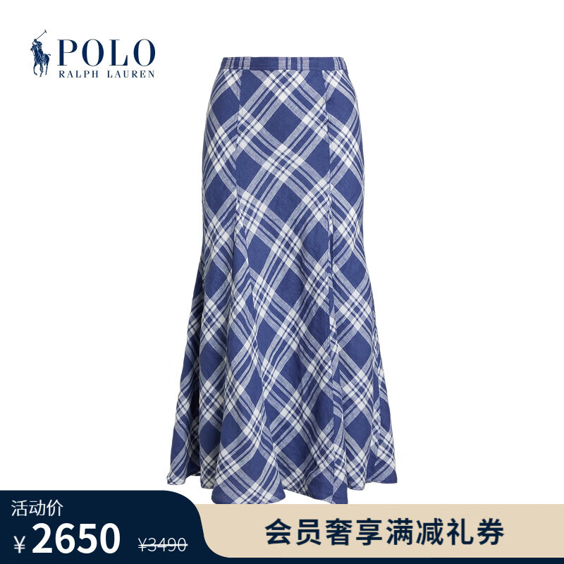 Polo Ralph Lauren 拉夫劳伦 女装 24年夏格纹亚麻拼片式半身裙RL25685 999-蓝色多色格纹 00