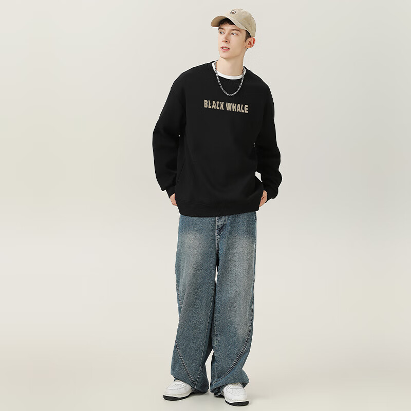 黑鲸海澜之家旗下潮牌无帽卫衣男春秋季正肩圆领上衣休闲外套 黑 M