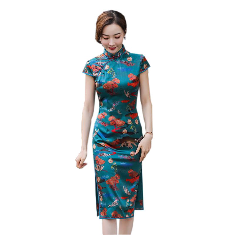 旗袍女夏复古改良真丝旗袍中长款高档优雅气质旗袍连衣裙 绿色 m