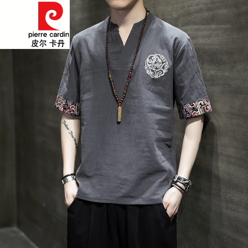 皮爾卡丹（pierre cardin）亞麻短袖t恤男中國(guó)風(fēng)男裝刺繡胖子大碼夏季半袖復(fù)古棉麻衣服 A02 灰色 2XL 【參考體重145-160斤】