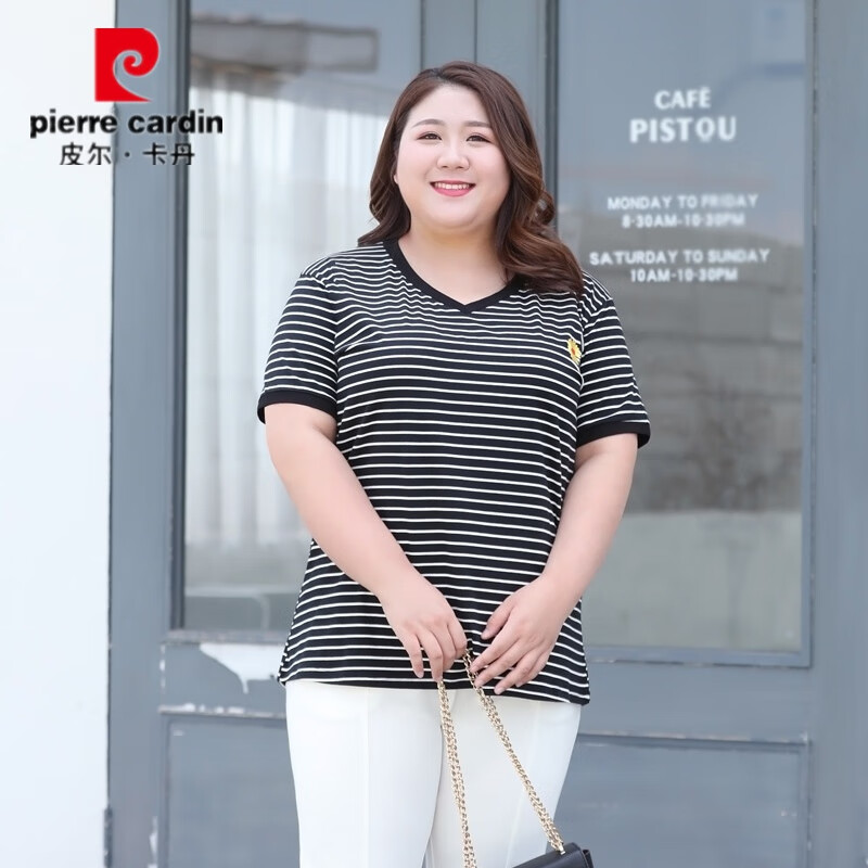 皮尔卡丹大码女装2024夏装新款加肥加大宽松显瘦条纹刺绣v领短袖t恤女上衣 黑白条纹 3XL