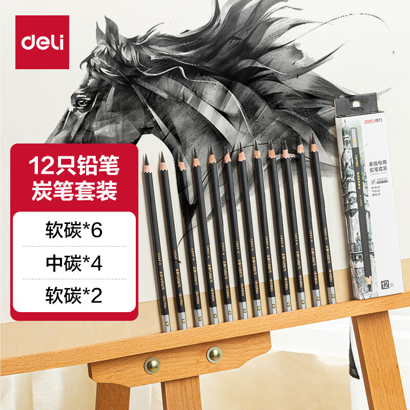 得力(deli)素描炭笔初学者速写碳笔软中硬三种硬度绘画美术生专用工具12支/盒S997A 涂鸦划线毕业礼物