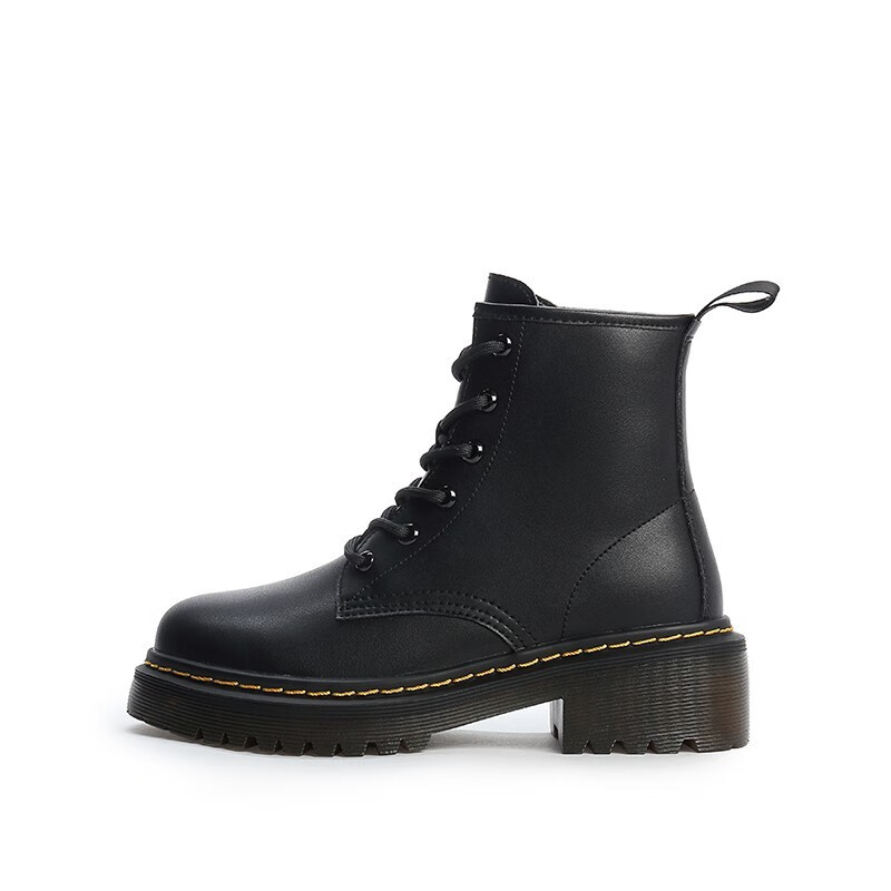 骆驼女鞋秋冬休闲短靴女士粗跟马丁靴经典黑6孔38