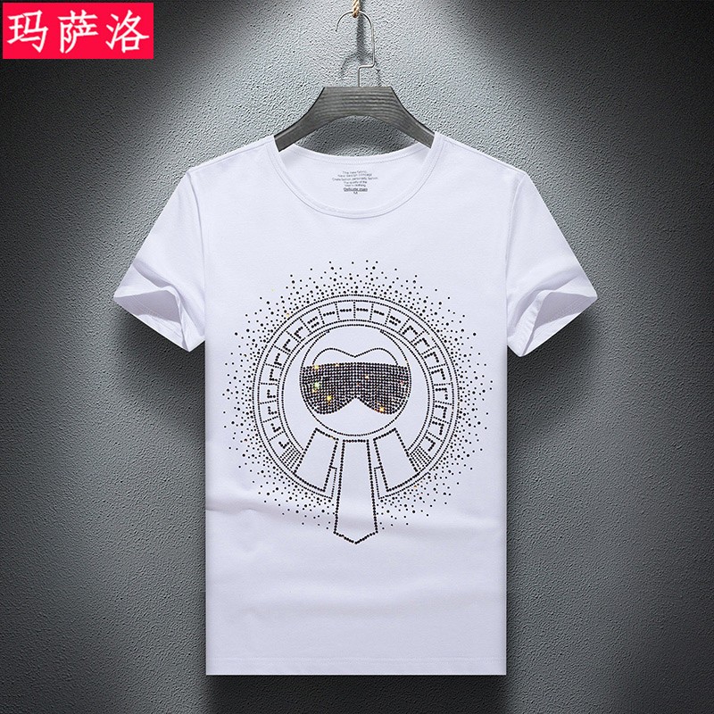 玛萨洛新款男士烫钻短袖t恤圆领男休闲t恤夏季大码男士青年学生短袖