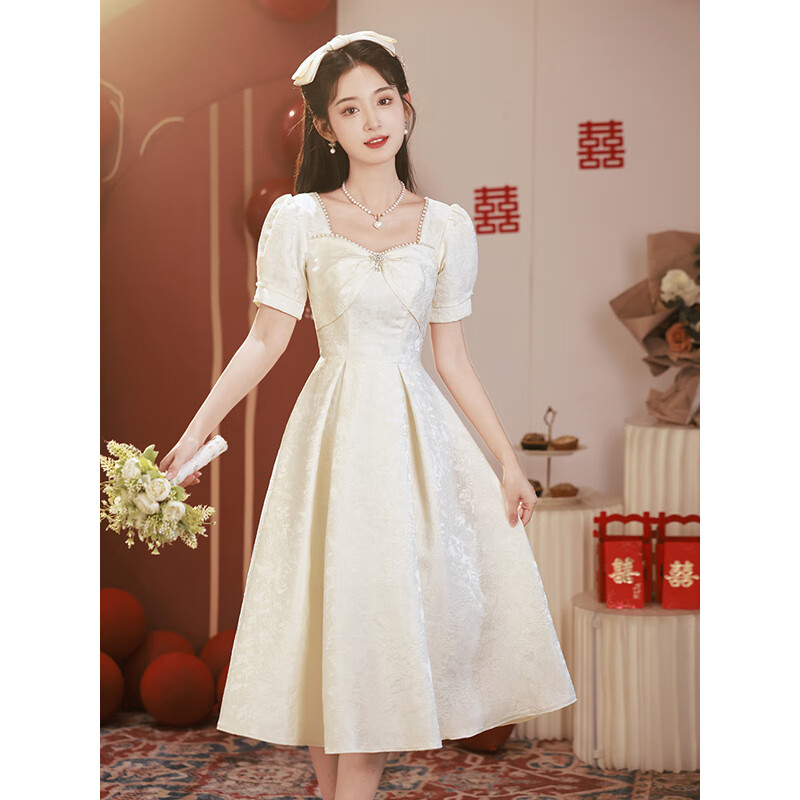 麥斯貝思（MAISIBEISI）麥斯貝思白色禮服女宴會(huì)晚禮服訂婚連衣裙日常可穿領(lǐng)證登記小白裙 4XL建議140-148斤