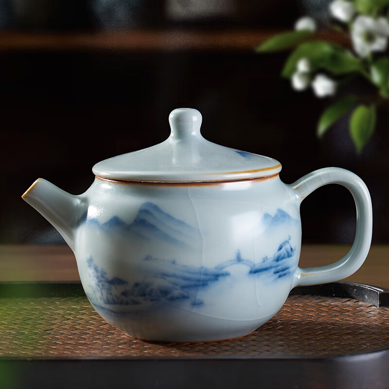 汉唐汝窑茶壶手绘青花陶瓷开片茶具家用茶水壶泡茶壶单壶功夫茶具