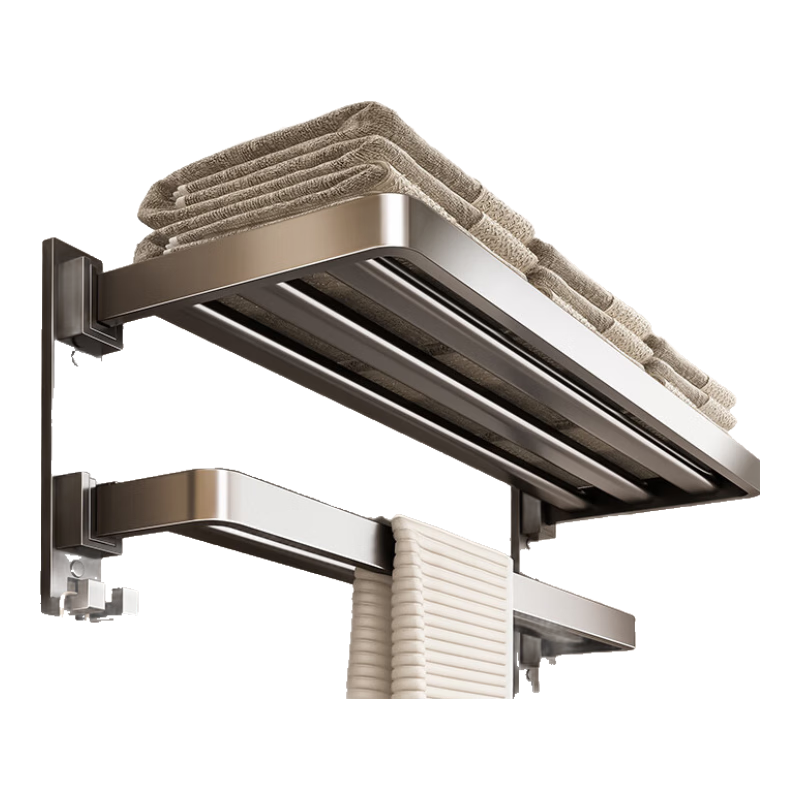 百悍卫生间置物架浴室毛巾架免打孔厕所洗手间挂件套装卫浴墙角架收纳 【双折叠扁管】枪灰60cm