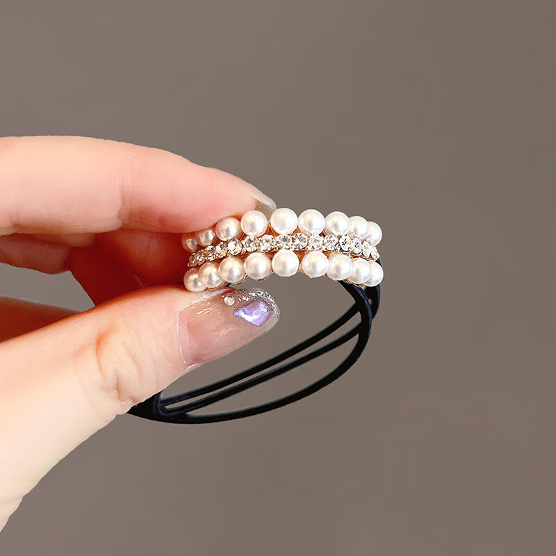 奴风仿仿珍珠矩形吊坠发圈头绳感扎头发弹力三层丸子头发绳发饰 金色