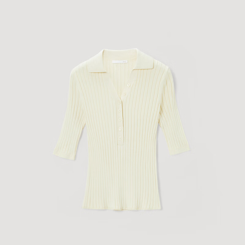 OVV2023秋冬新款女装丝棉混纺POLO领罗纹修身中袖针织衫 浅黄（净色）A2 M