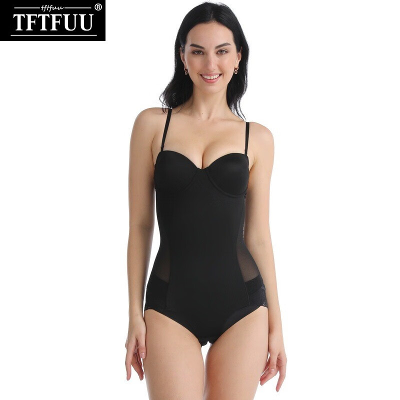 TFTFUU新款轻奢蕾丝无痕塑身衣收腹连体衣带文胸无肩带隐形托胸提臀束腰 黑色 M（34BC）