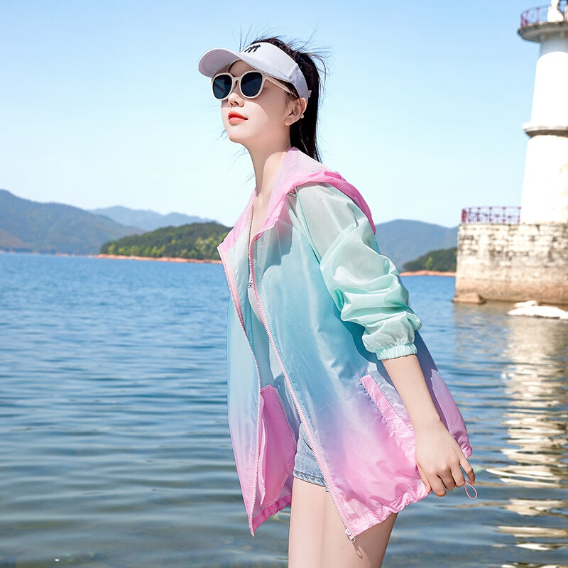 杰麗·莫克漸變色防曬衣女款夏季透氣輕薄外套開衫寬松大碼百搭防曬服防曬衫 粉色 M（建議90-115斤）