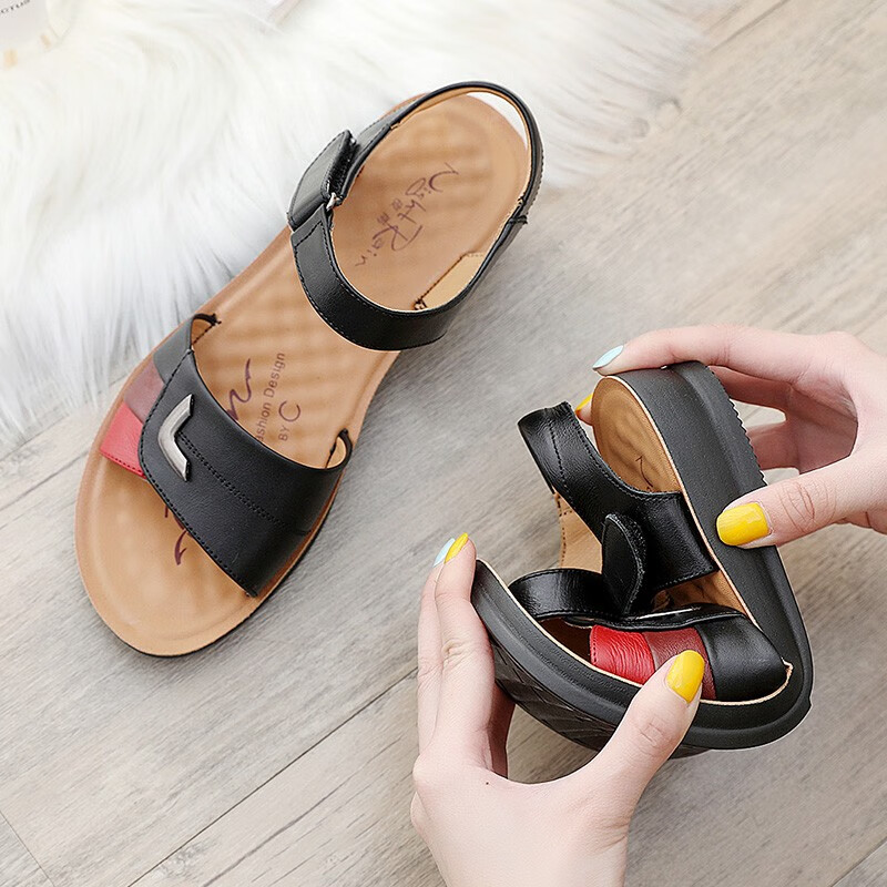 夜雨(nightrain)妈妈鞋凉鞋牛皮软底中年凉鞋夏季防滑老人大码中老年