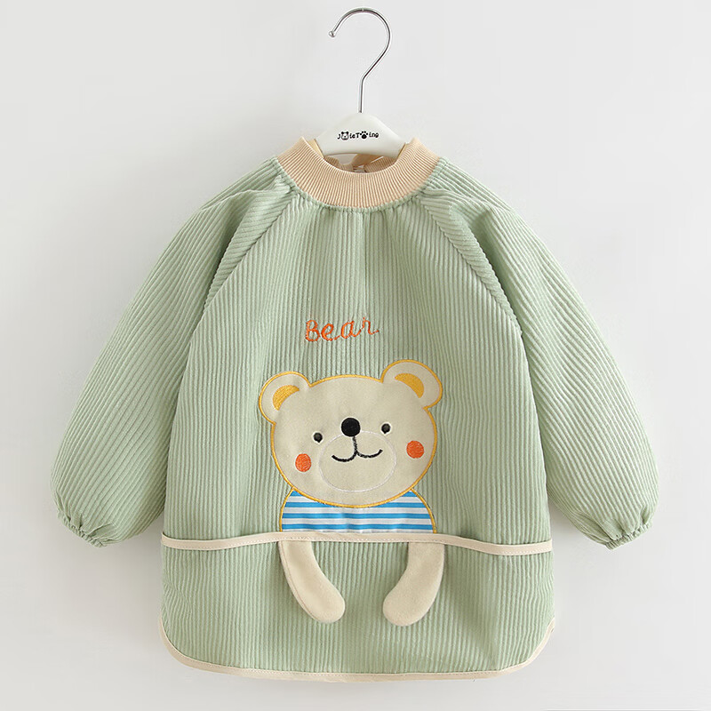 识恩宝宝罩衣防水防脏儿童围裙外反穿衣口水巾婴儿吃饭围兜围衣1-3岁 兜兜熊豆绿 90(15码建议1-2岁)