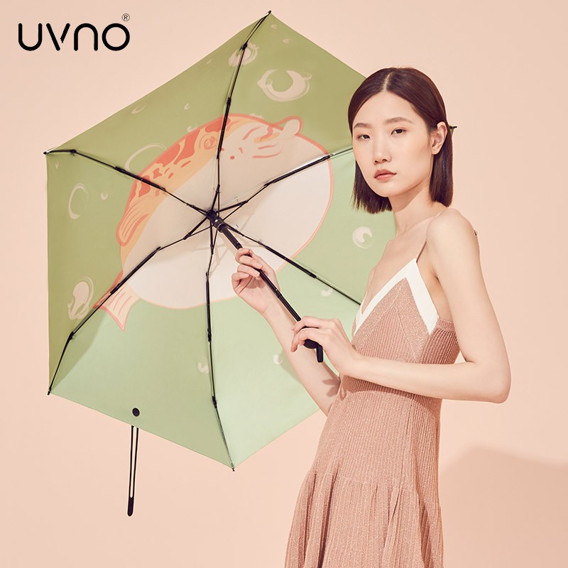 UVNO防晒伞女防紫外线UPF50+ 晴雨两用伞折叠遮阳伞 河豚款-草绿色（图案在内） 直径92cm 适合1-2人