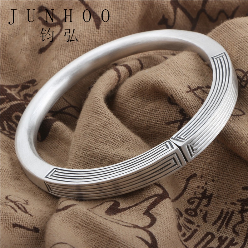 钧弘 999足银情侣手工回纹银手镯时尚简约爱轮回古法银手环情人节礼物